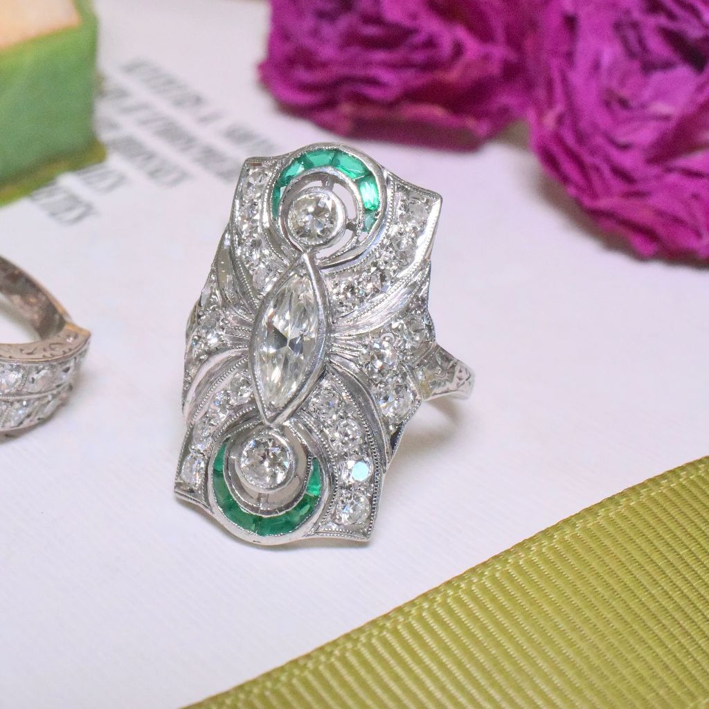 Antique Art Deco Solid Platinum Diamond And Emerald Dinner Ring - 1.45ct Circa 1920-1925
