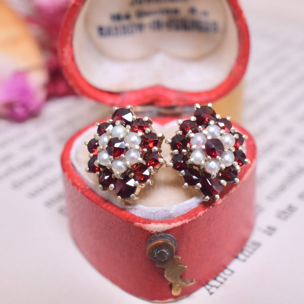 Vintage 14ct Yellow Gold Garnet And Pearl Earrings