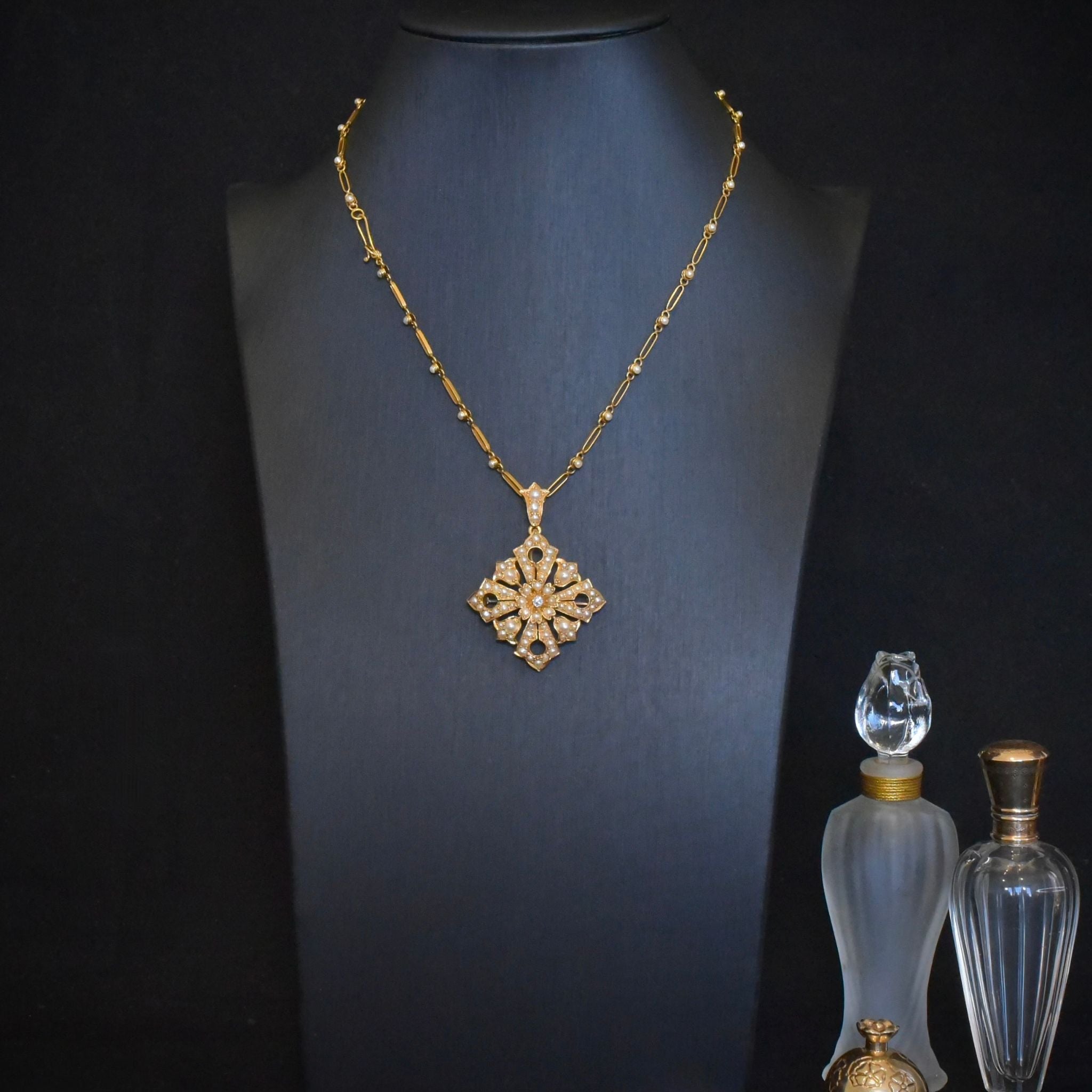 Antique Victorian Australian 18ct Yellow Gold Diamond And Pearl Starburst Pendant/Brooch And Necklace C1890-1900 By S. Schlank, S. Schlank and Co.
