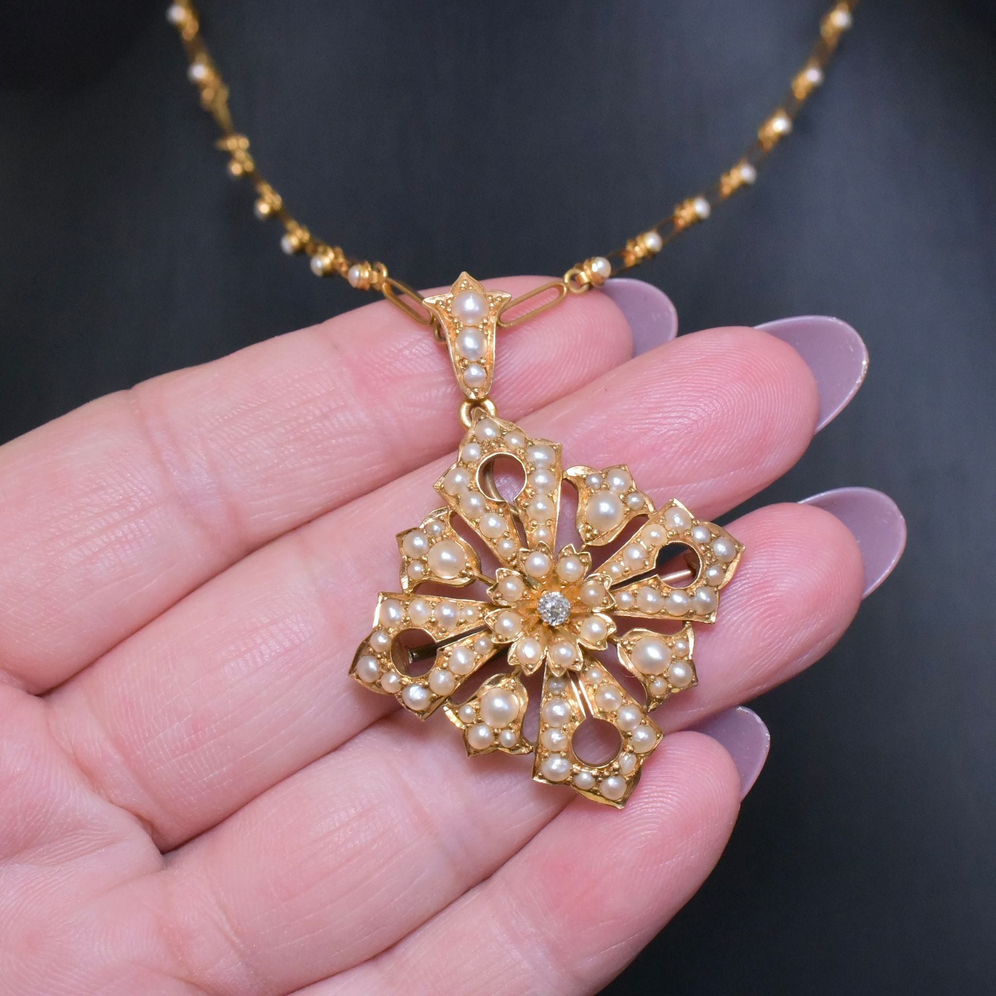 Antique Victorian Australian 18ct Yellow Gold Diamond And Pearl Starburst Pendant/Brooch And Necklace C1890-1900 By S. Schlank, S. Schlank and Co.