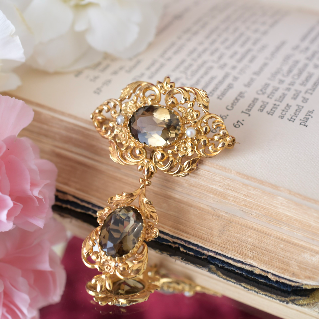 Vintage ‘Antique Style’ 9ct Yellow Gold Smoky Quartz Convertible Brooch - London 1972
