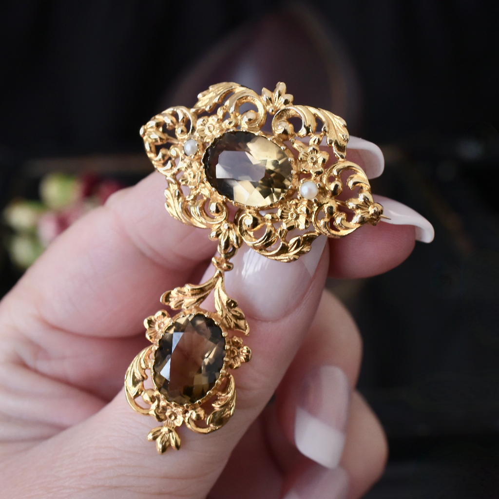 Vintage ‘Antique Style’ 9ct Yellow Gold Smoky Quartz Convertible Brooch - London 1972