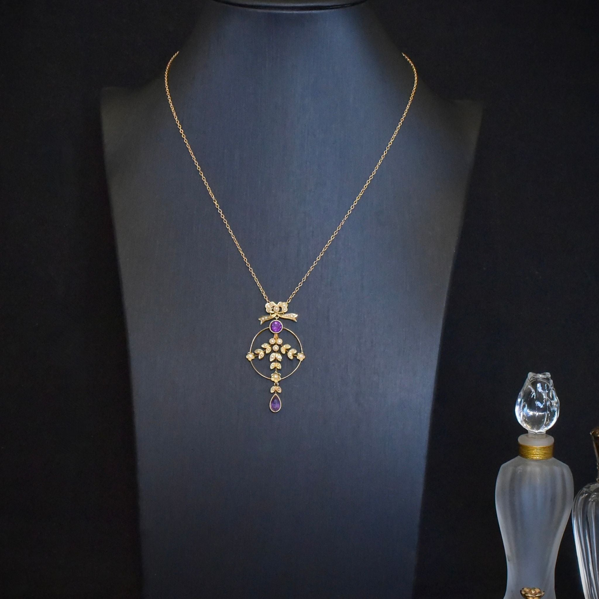 Stunning Antique Edwardian 15ct Gold Amethyst And Pearl Lavaliere Circa 1910