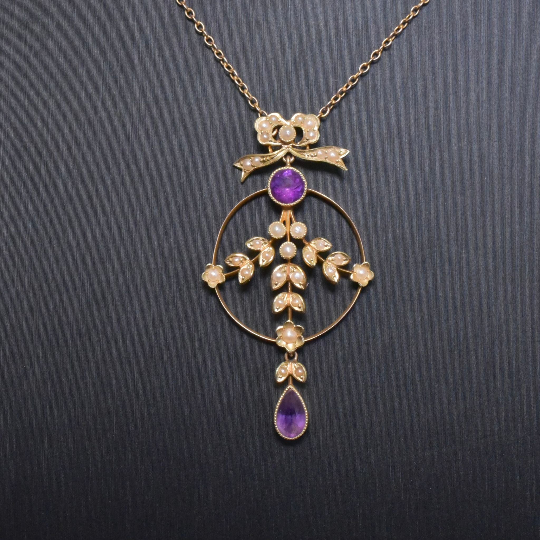 Stunning Antique Edwardian 15ct Gold Amethyst And Pearl Lavaliere Circa 1910
