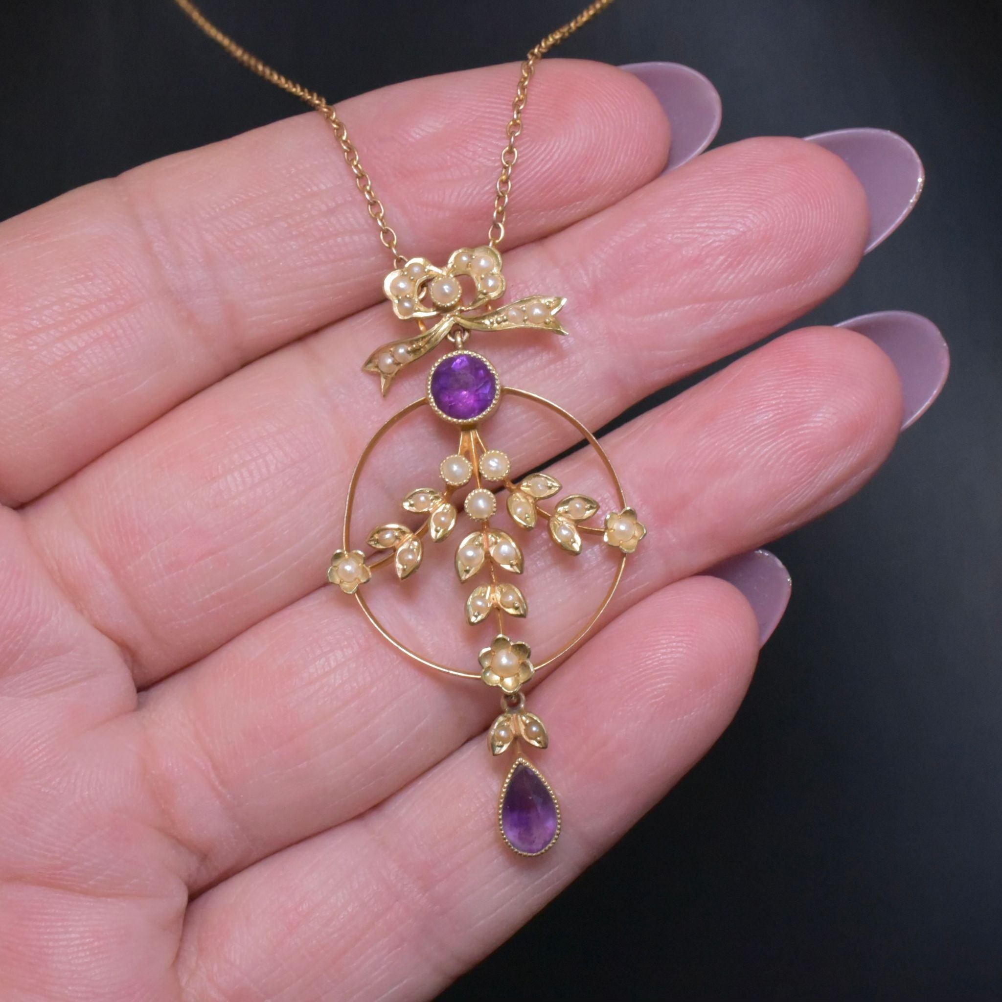 Stunning Antique Edwardian 15ct Gold Amethyst And Pearl Lavaliere Circa 1910