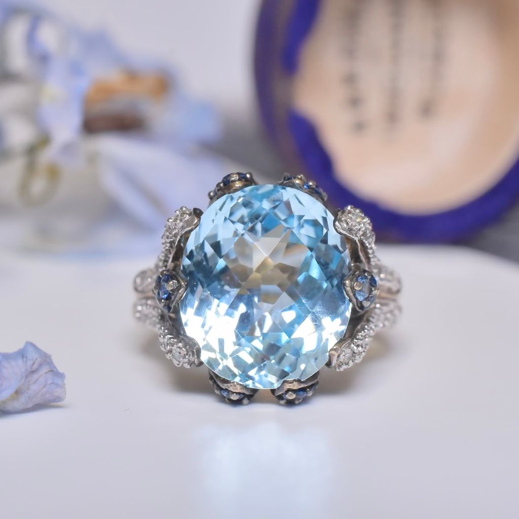 Contemporary 9ct Yellow Gold Floral, Topaz, Sapphire And Diamond Ring