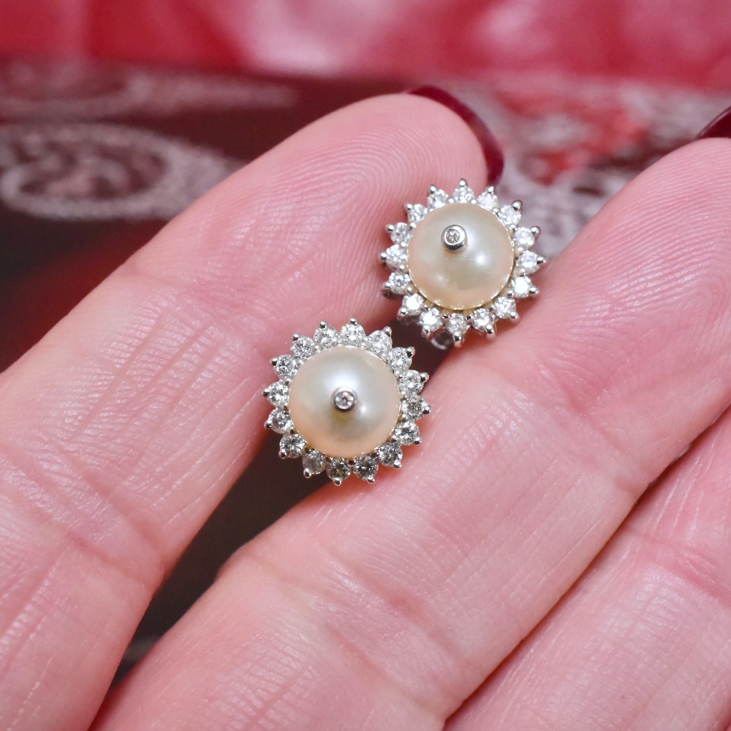 Superb Modern 14ct White Gold Pearl And Diamond Halo Earrings