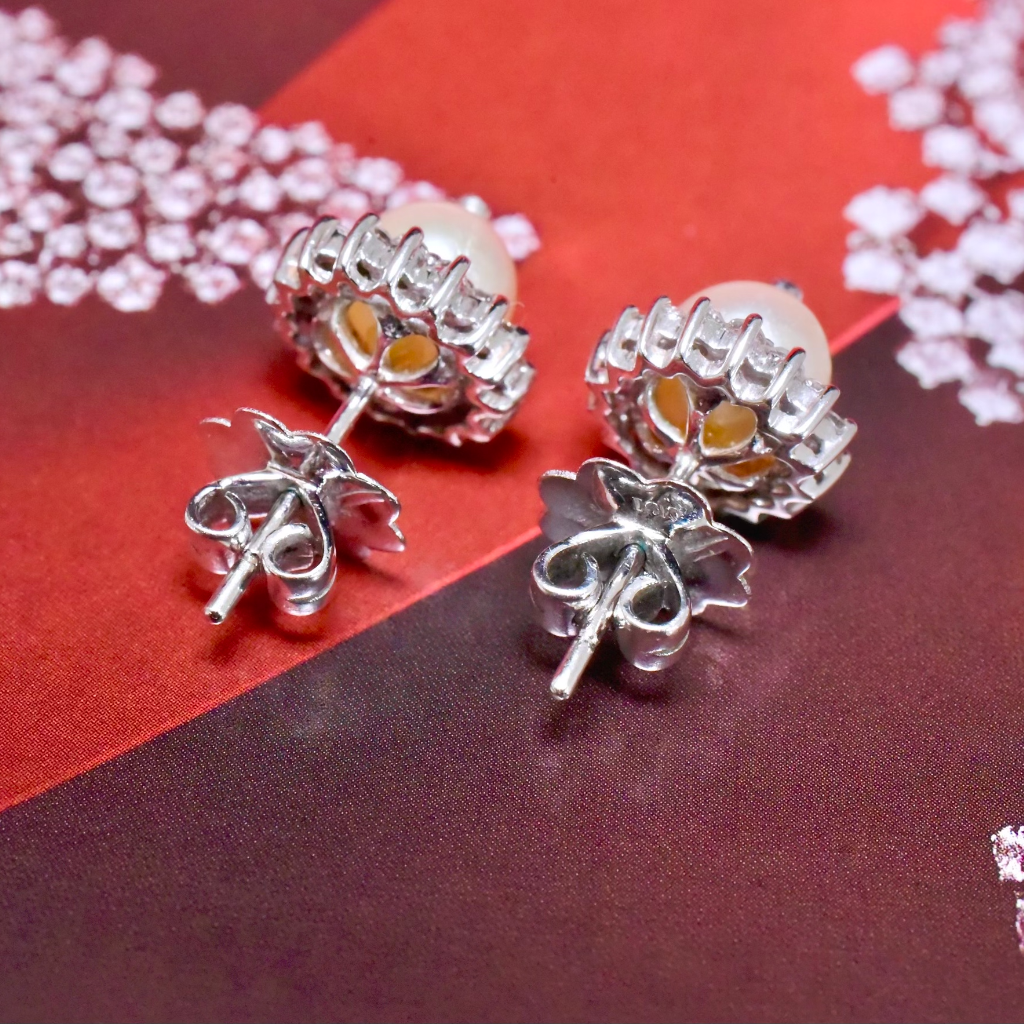 Superb Modern 14ct White Gold Pearl And Diamond Halo Earrings
