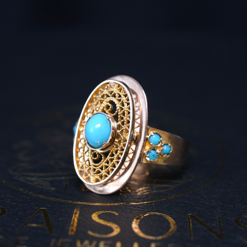 Vintage 18ct Rose Gold Turquoise Filigree Ring