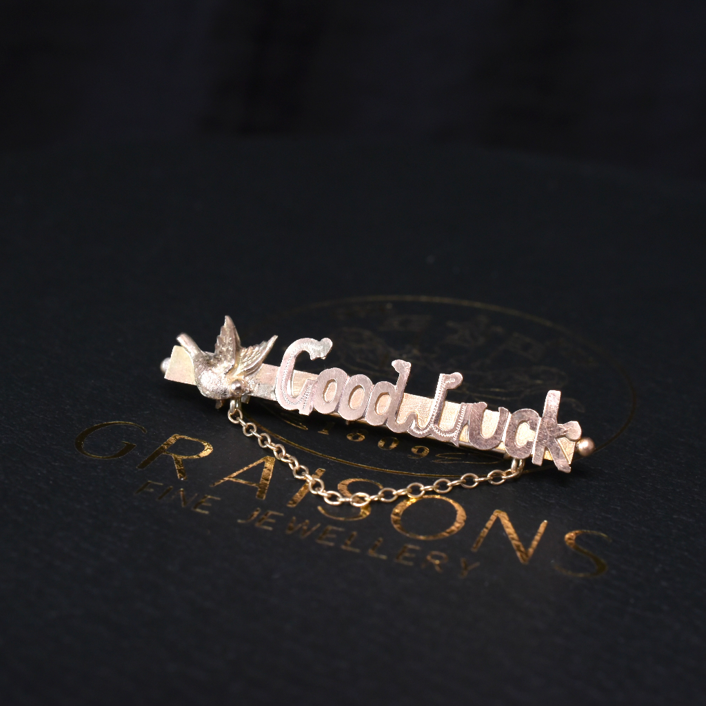 Antique Edwardian 9ct Rose Gold ‘Goodluck’ Swallow Brooch Circa 1910