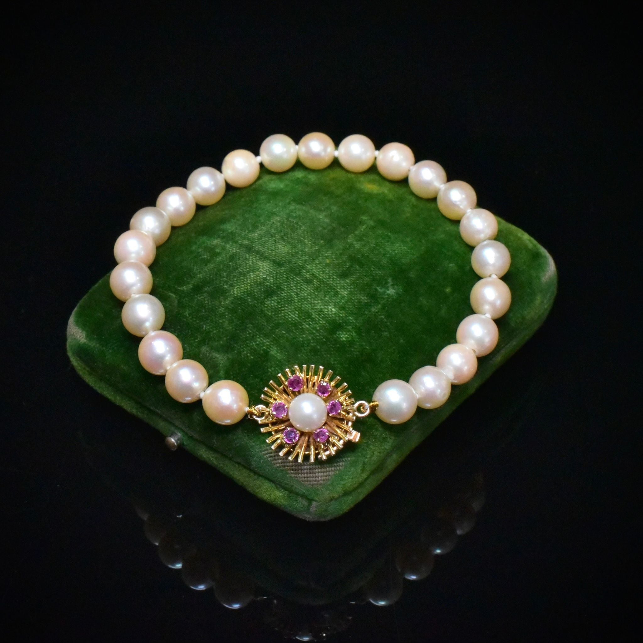 Vintage Estate 14ct Gold Natural Ruby And Cultured Akoya Type Pearl Bracelet