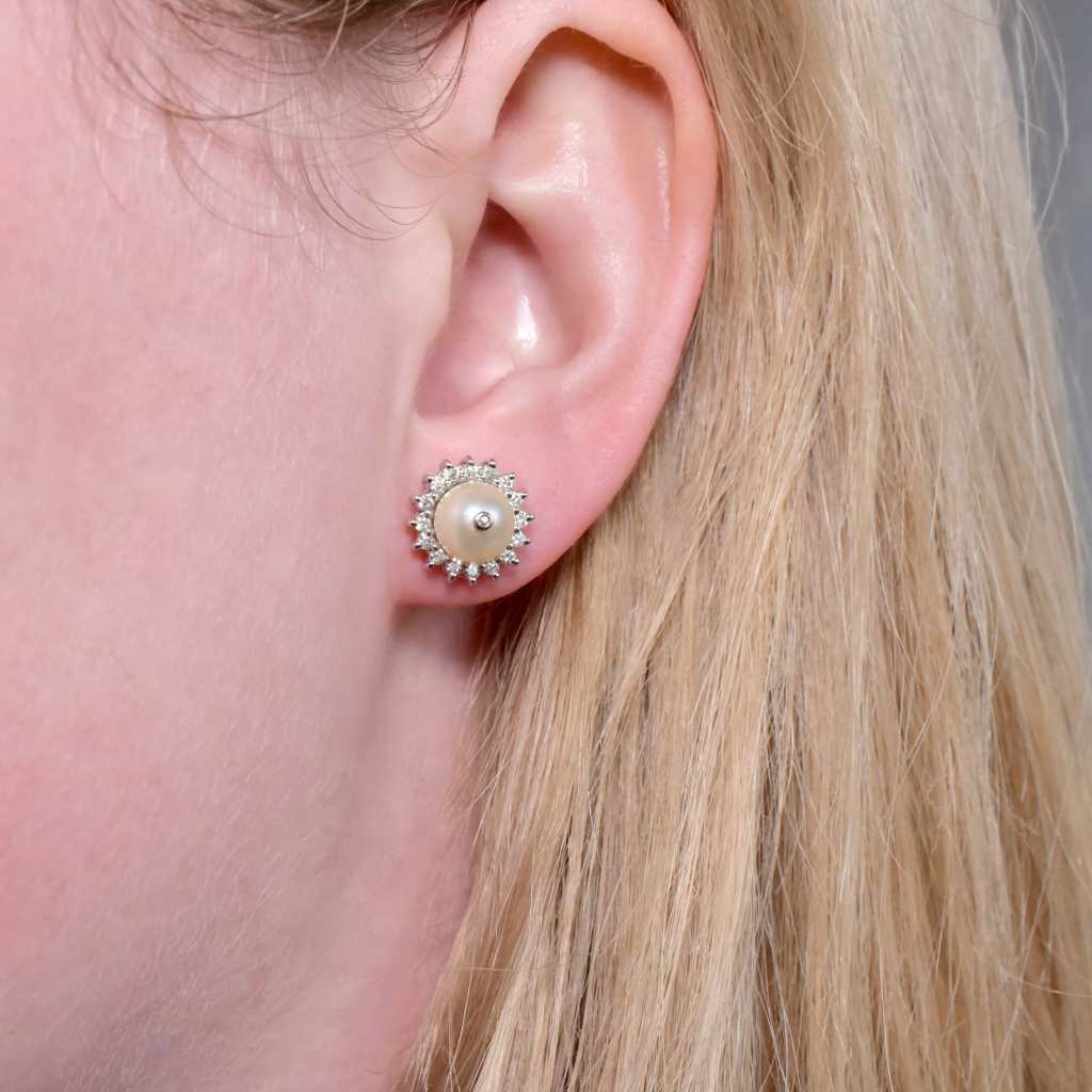 Superb Modern 14ct White Gold Pearl And Diamond Halo Earrings