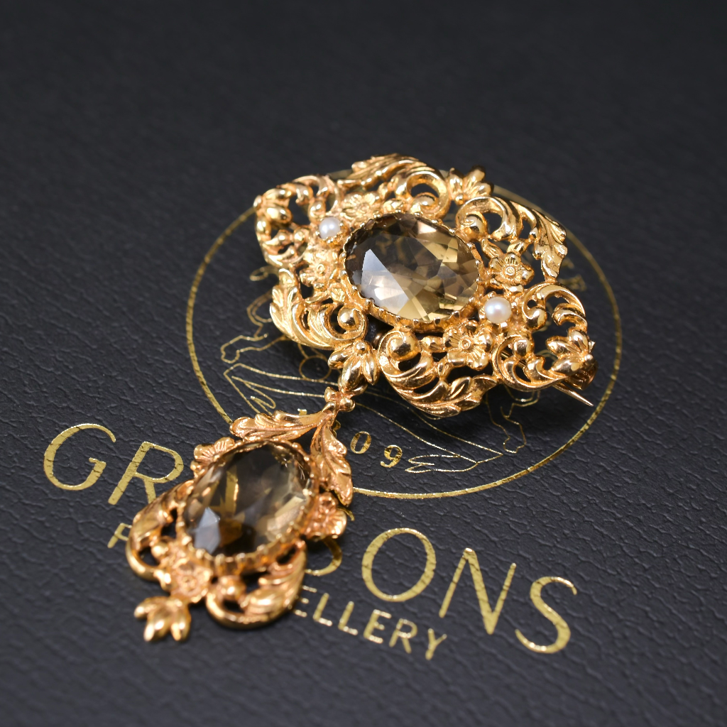 Vintage ‘Antique Style’ 9ct Yellow Gold Smoky Quartz Convertible Brooch - London 1972