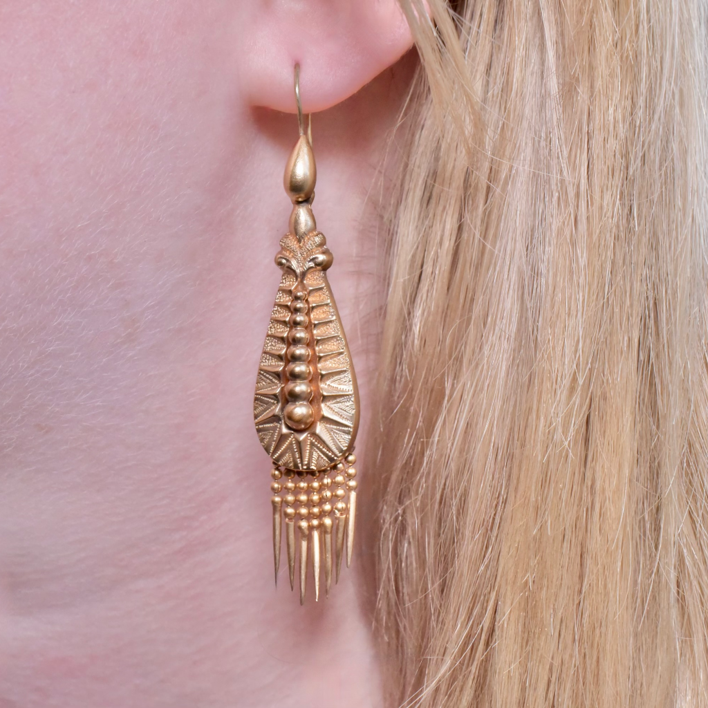 Antique Victorian Gilt Metal Etruscan Revival Drop Earrings Circa 1880