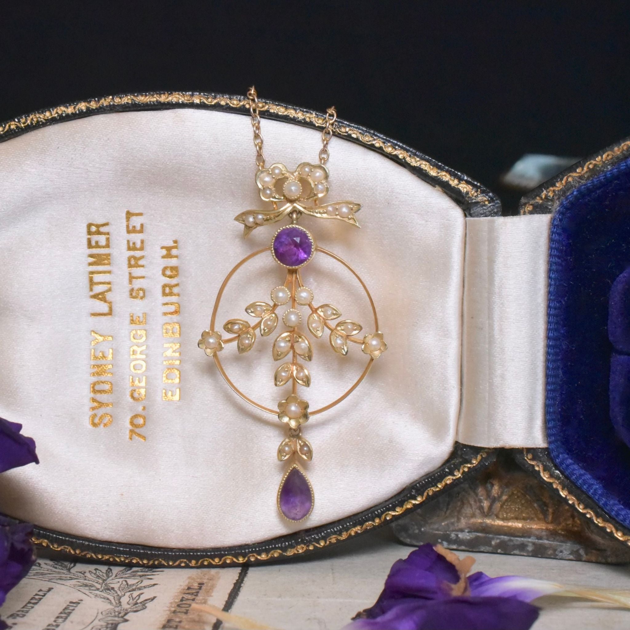 Stunning Antique Edwardian 15ct Gold Amethyst And Pearl Lavaliere Circa 1910
