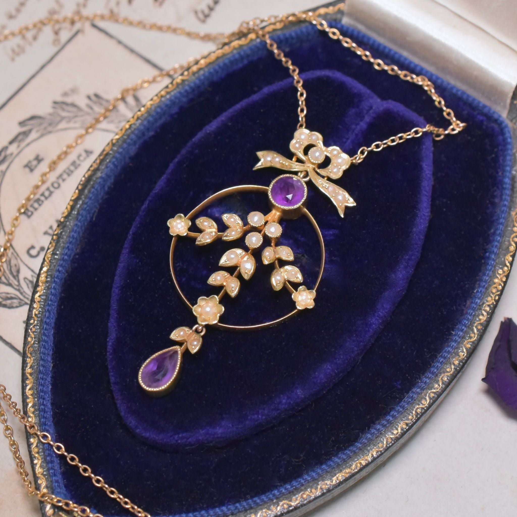 Stunning Antique Edwardian 15ct Gold Amethyst And Pearl Lavaliere Circa 1910