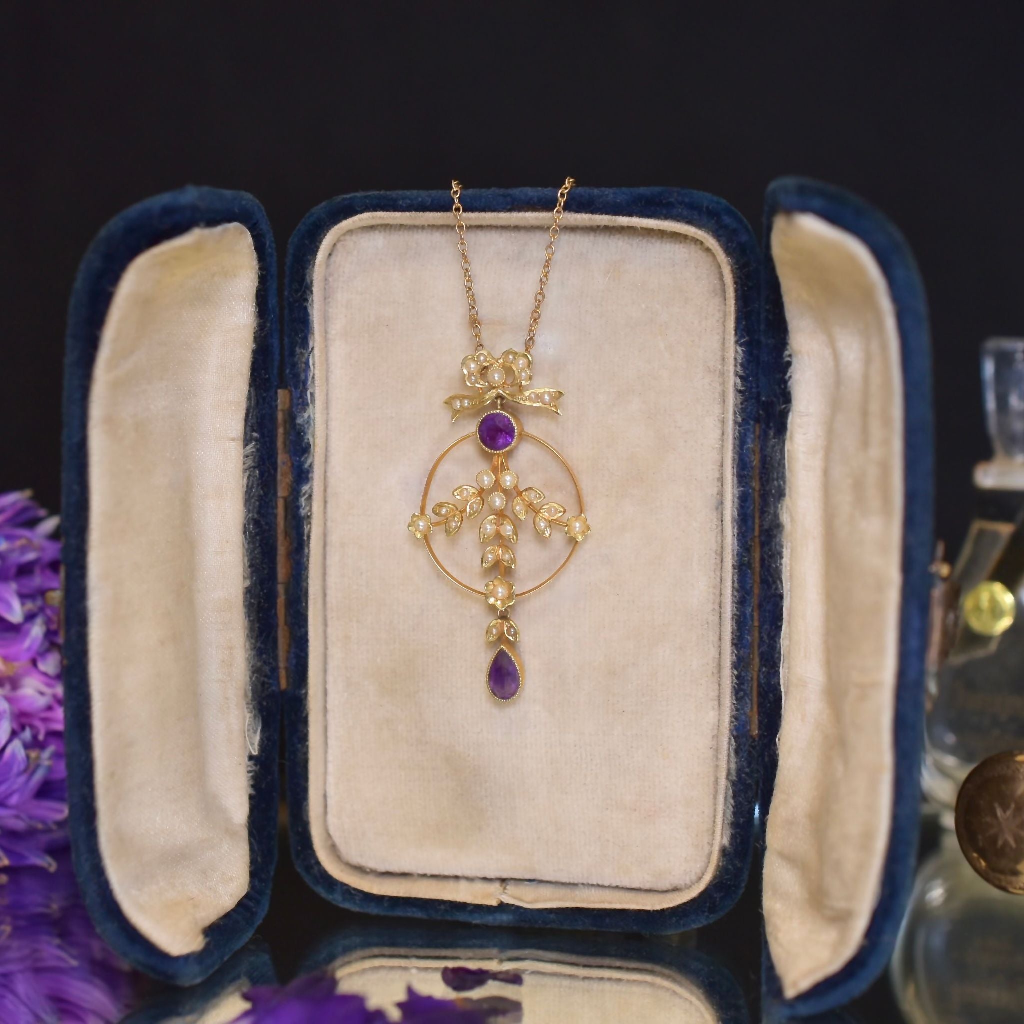 Stunning Antique Edwardian 15ct Gold Amethyst And Pearl Lavaliere Circa 1910