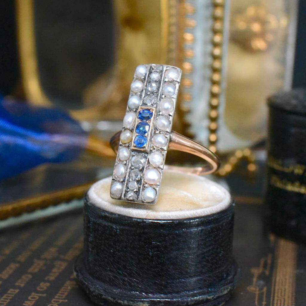 Art Deco Era 18ct Rose Gold Diamond Sapphire And Pearl Ring Circa 1920