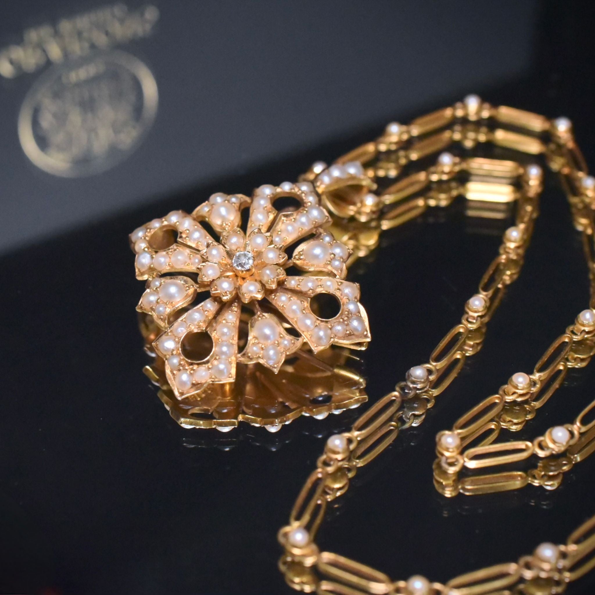 Antique Victorian Australian 18ct Yellow Gold Diamond And Pearl Starburst Pendant/Brooch And Necklace C1890-1900 By S. Schlank, S. Schlank and Co.