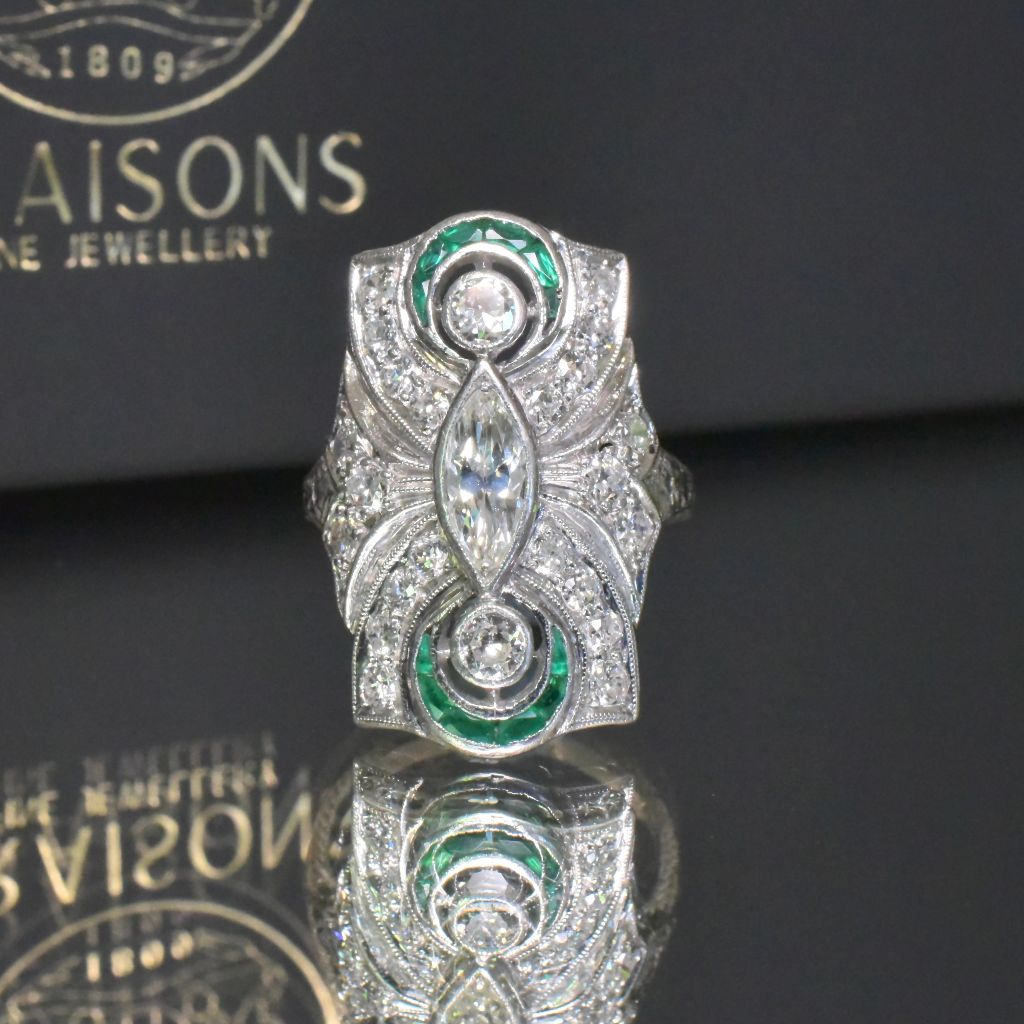 Antique Art Deco Solid Platinum Diamond And Emerald Dinner Ring - 1.45ct Circa 1920-1925