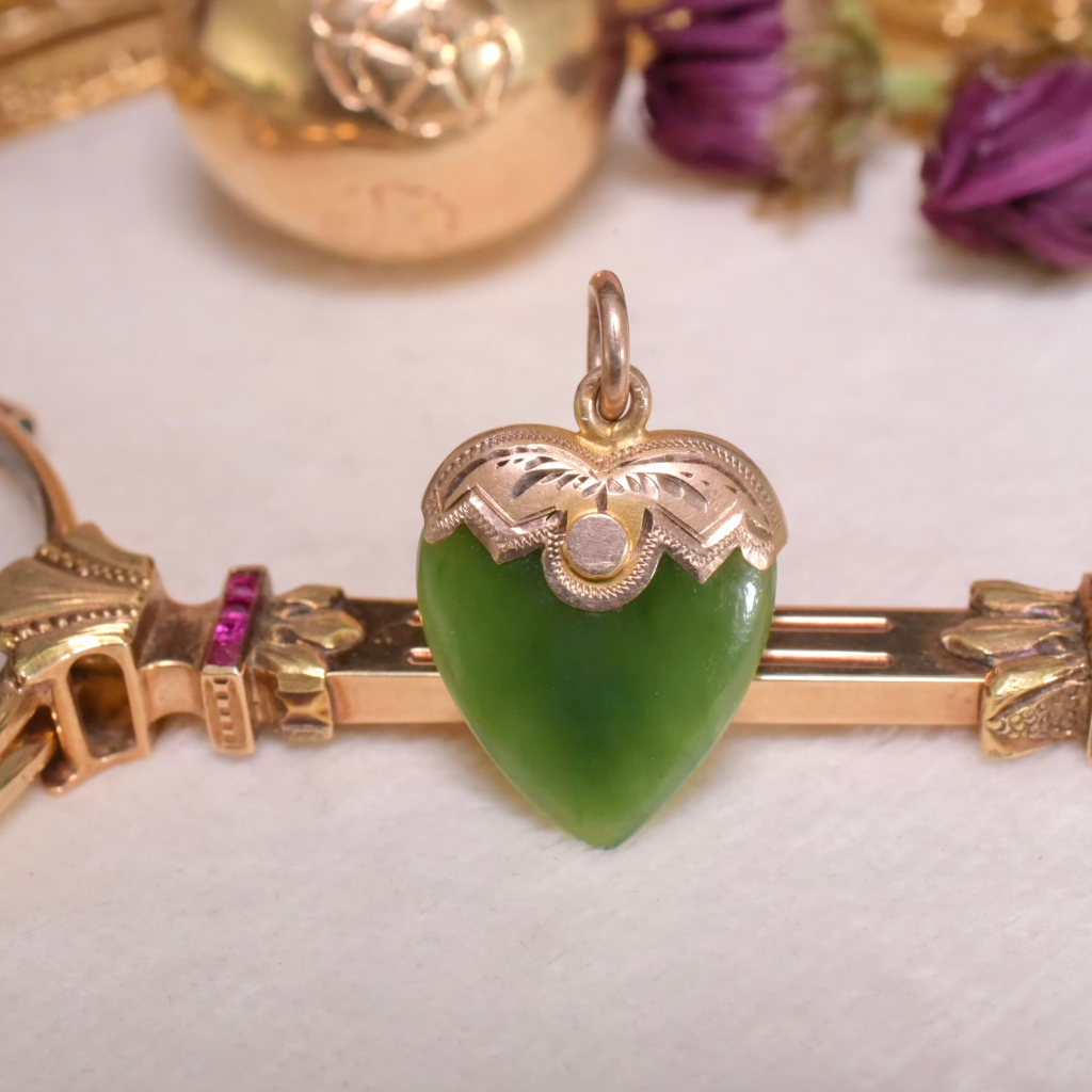 Antique Australian 9ct Rose Gold And Nephrite Jade ‘Heart’ Charm/Pendant Circa 1910