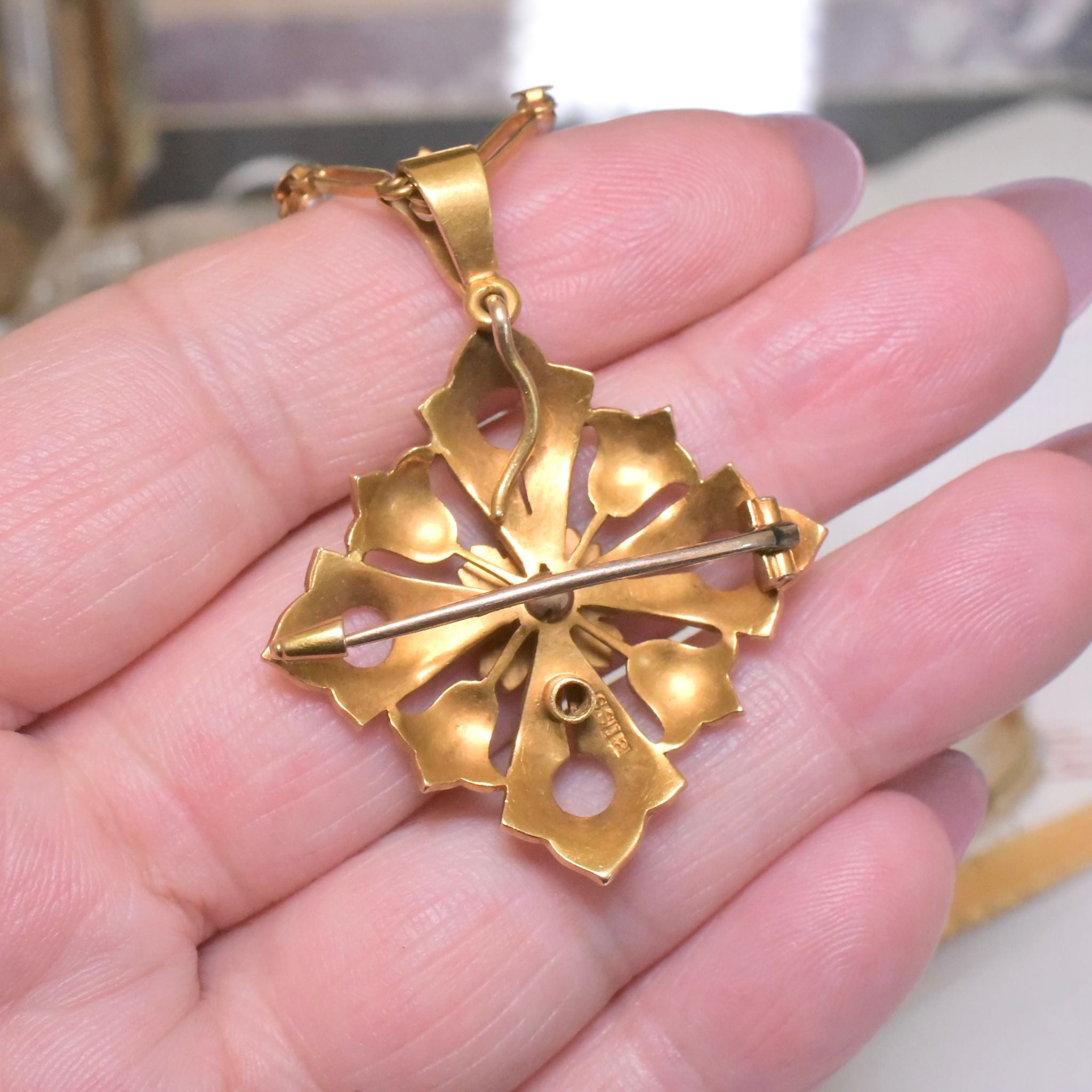 Antique Victorian Australian 18ct Yellow Gold Diamond And Pearl Starburst Pendant/Brooch And Necklace C1890-1900 By S. Schlank, S. Schlank and Co.