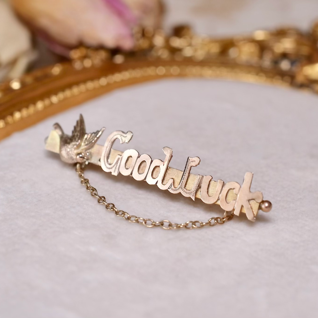 Antique Edwardian 9ct Rose Gold ‘Goodluck’ Swallow Brooch Circa 1910