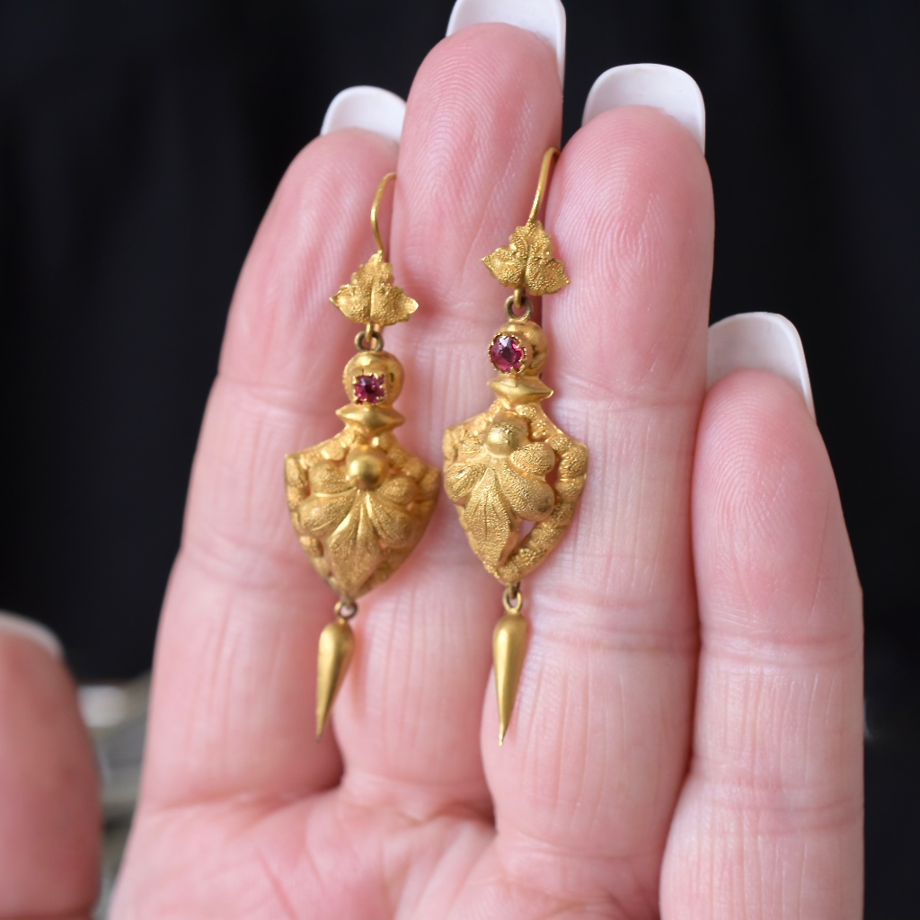 Antique Victorian 20ct Gold Repoussé Drop Earrings Circa 1870