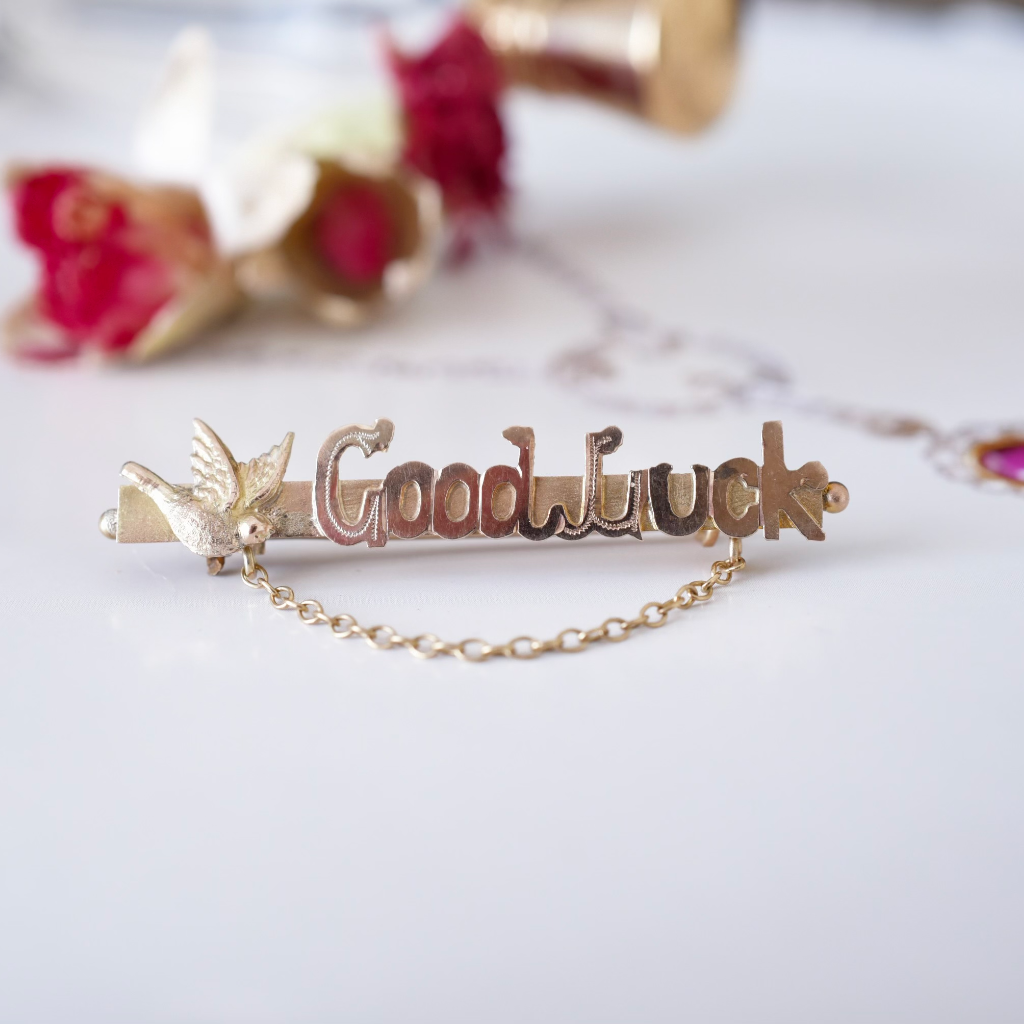 Antique Edwardian 9ct Rose Gold ‘Goodluck’ Swallow Brooch Circa 1910