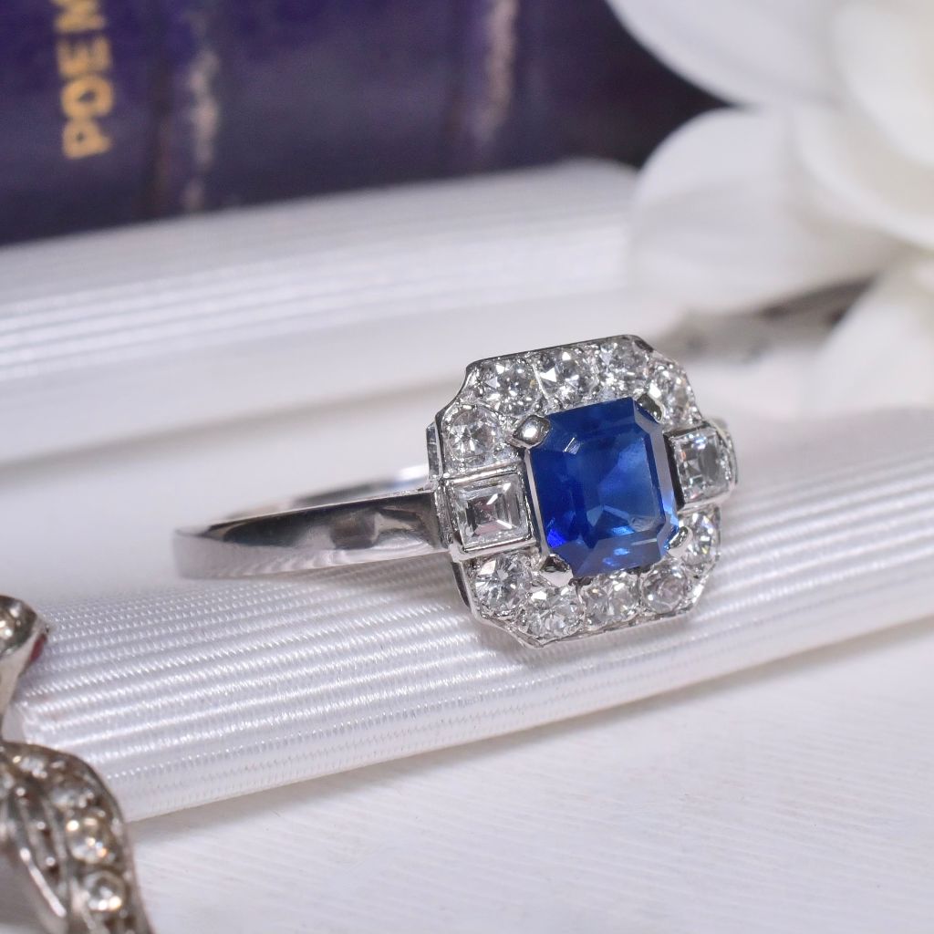 Modern Solid Platinum Natural Sapphire And Diamond Art Deco-Style Ring - Birmingham 1999