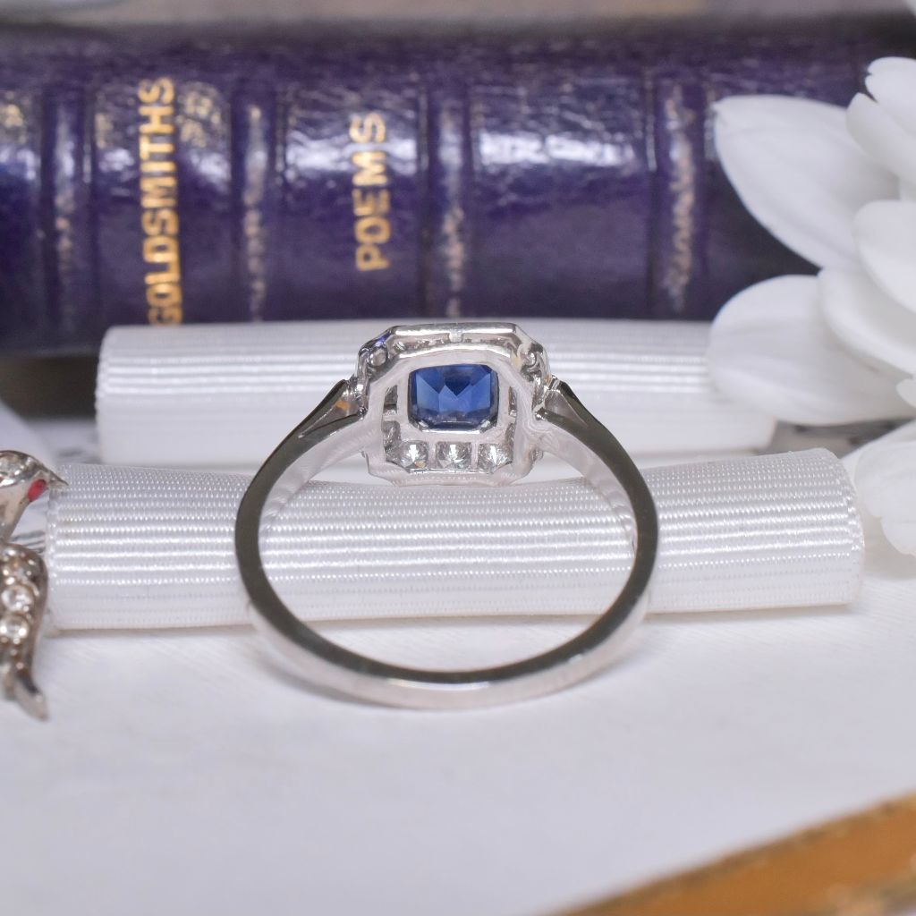 Modern Solid Platinum Natural Sapphire And Diamond Art Deco-Style Ring - Birmingham 1999