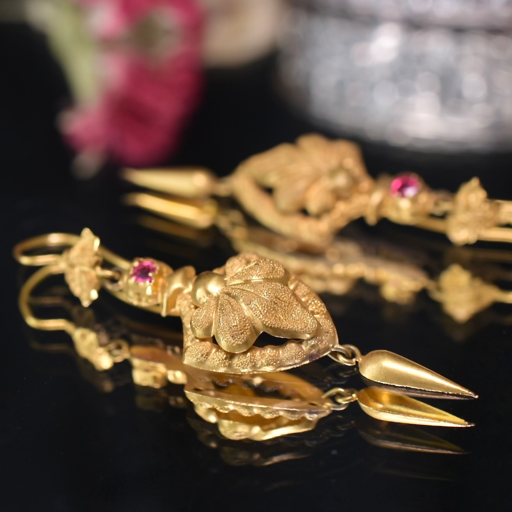 Antique Victorian 20ct Gold Repoussé Drop Earrings Circa 1870