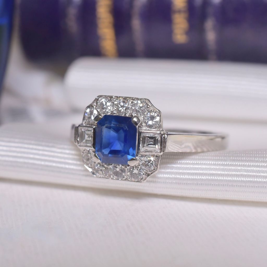 Modern Solid Platinum Natural Sapphire And Diamond Art Deco-Style Ring - Birmingham 1999