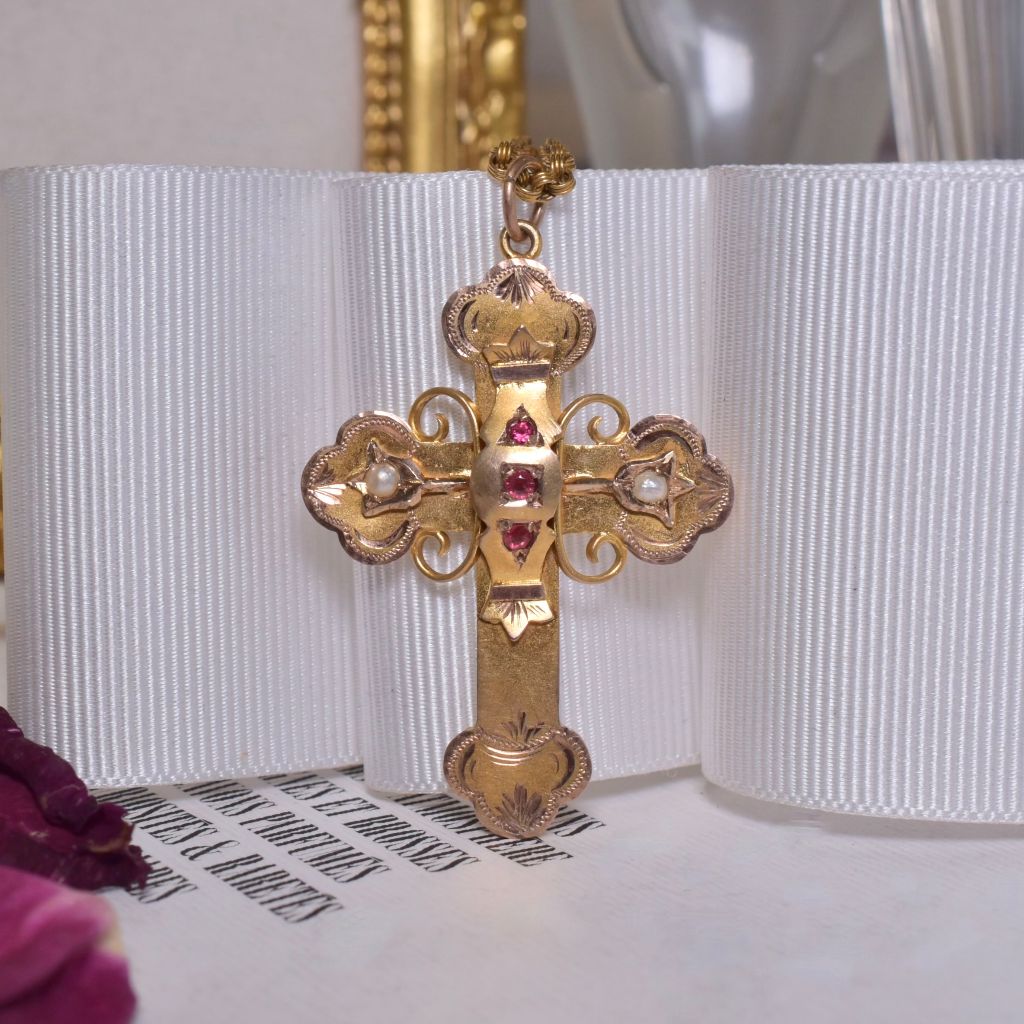 Antique Edwardian Australian 9ct Rose Gold Seed Pearl And Garnet Cross By A. Benjamin And Sons