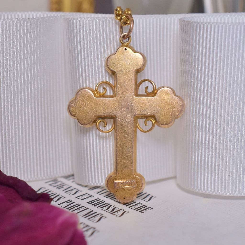Antique Edwardian Australian 9ct Rose Gold Seed Pearl And Garnet Cross By A. Benjamin And Sons
