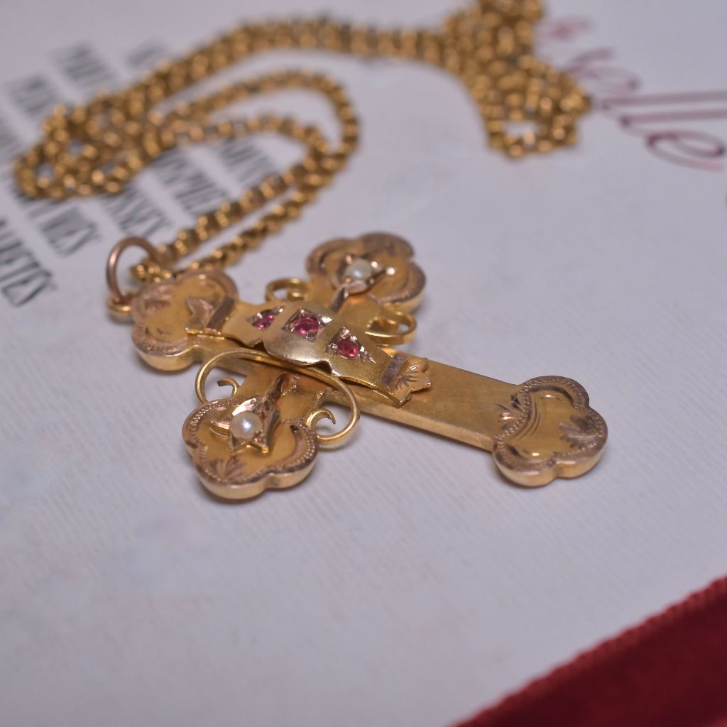 Antique Edwardian Australian 9ct Rose Gold Seed Pearl And Garnet Cross By A. Benjamin And Sons