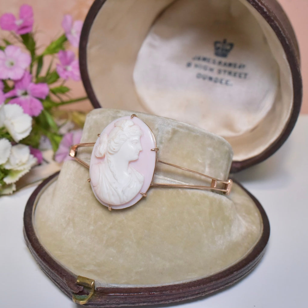 Antique Australian 9ct Rose Gold Conch Shell Cameo Bangle By A. Benjamin And Sons Pty Ltd Circa 1910-15