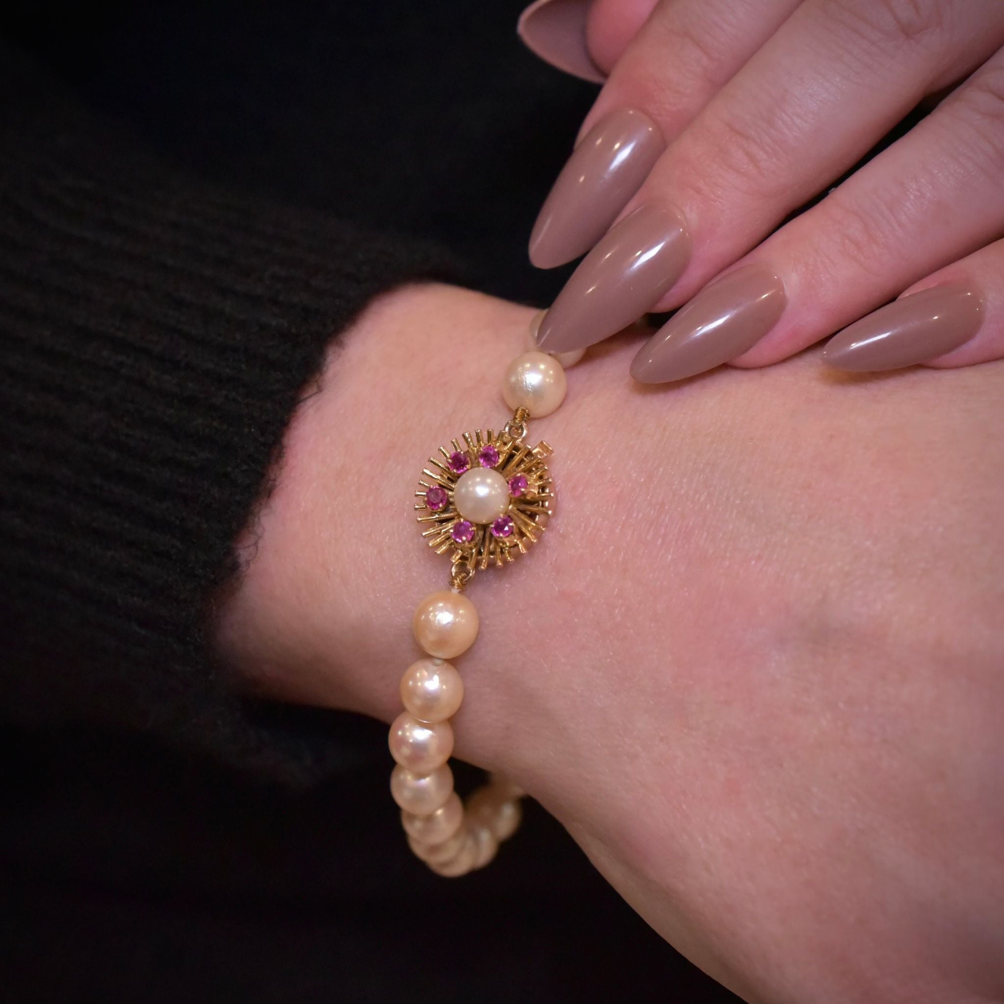 Vintage Estate 14ct Gold Natural Ruby And Cultured Akoya Type Pearl Bracelet