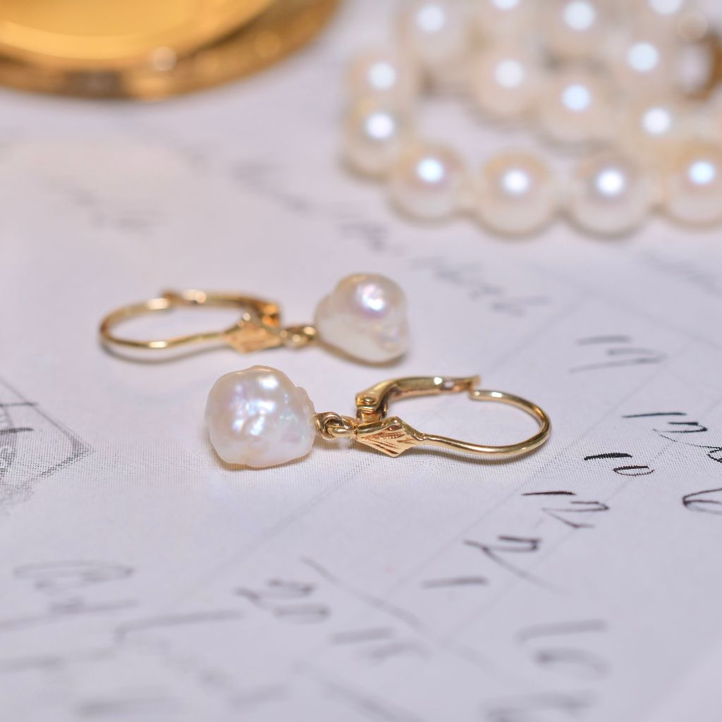 Vintage 14ct Yellow Gold And Keshi Pearl Drop Earrings