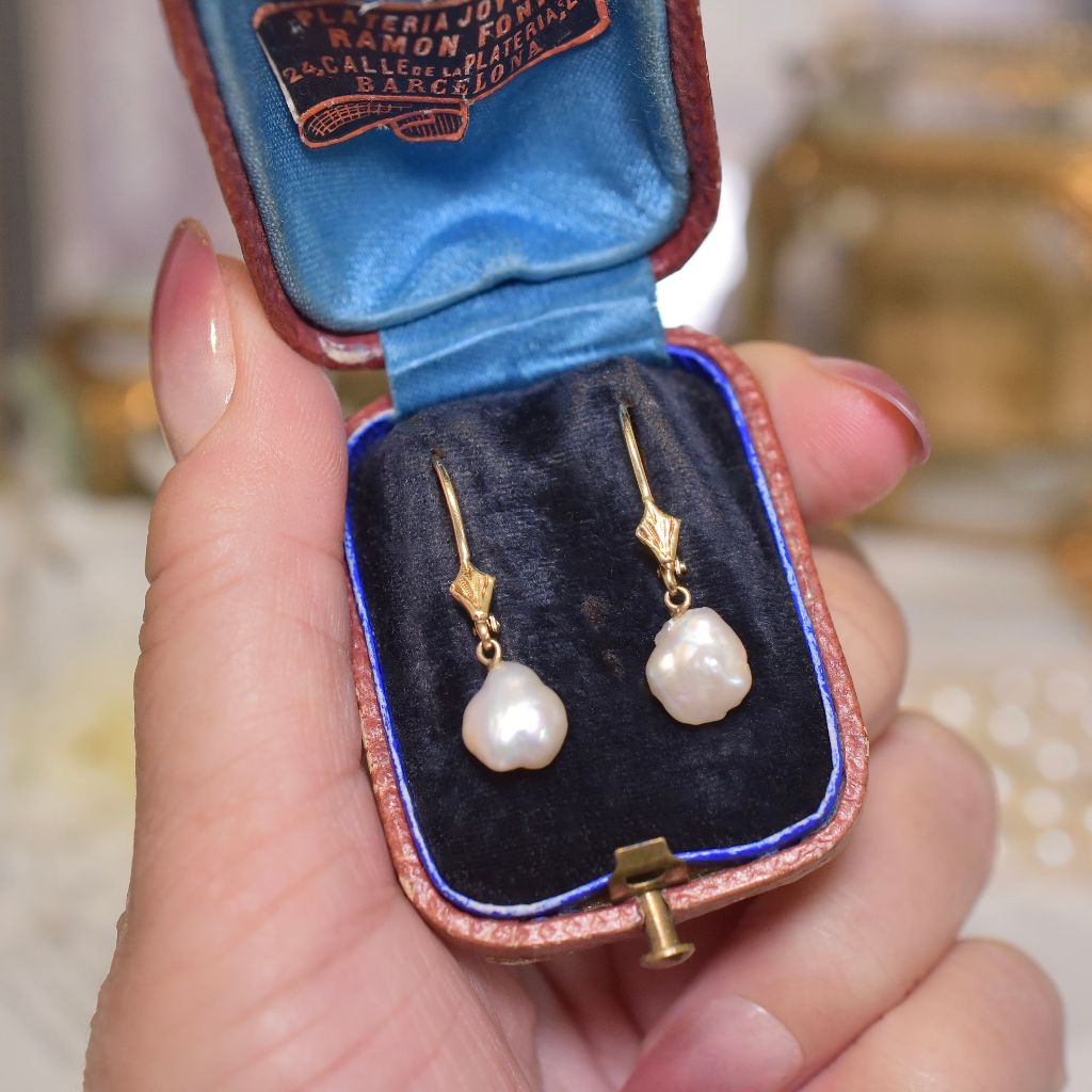 Vintage 14ct Yellow Gold And Keshi Pearl Drop Earrings