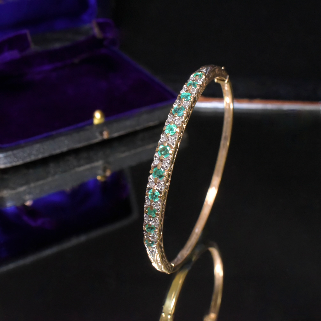 Vintage 9ct Yellow Gold Emerald And Diamond Bangle - Birmingham 1980