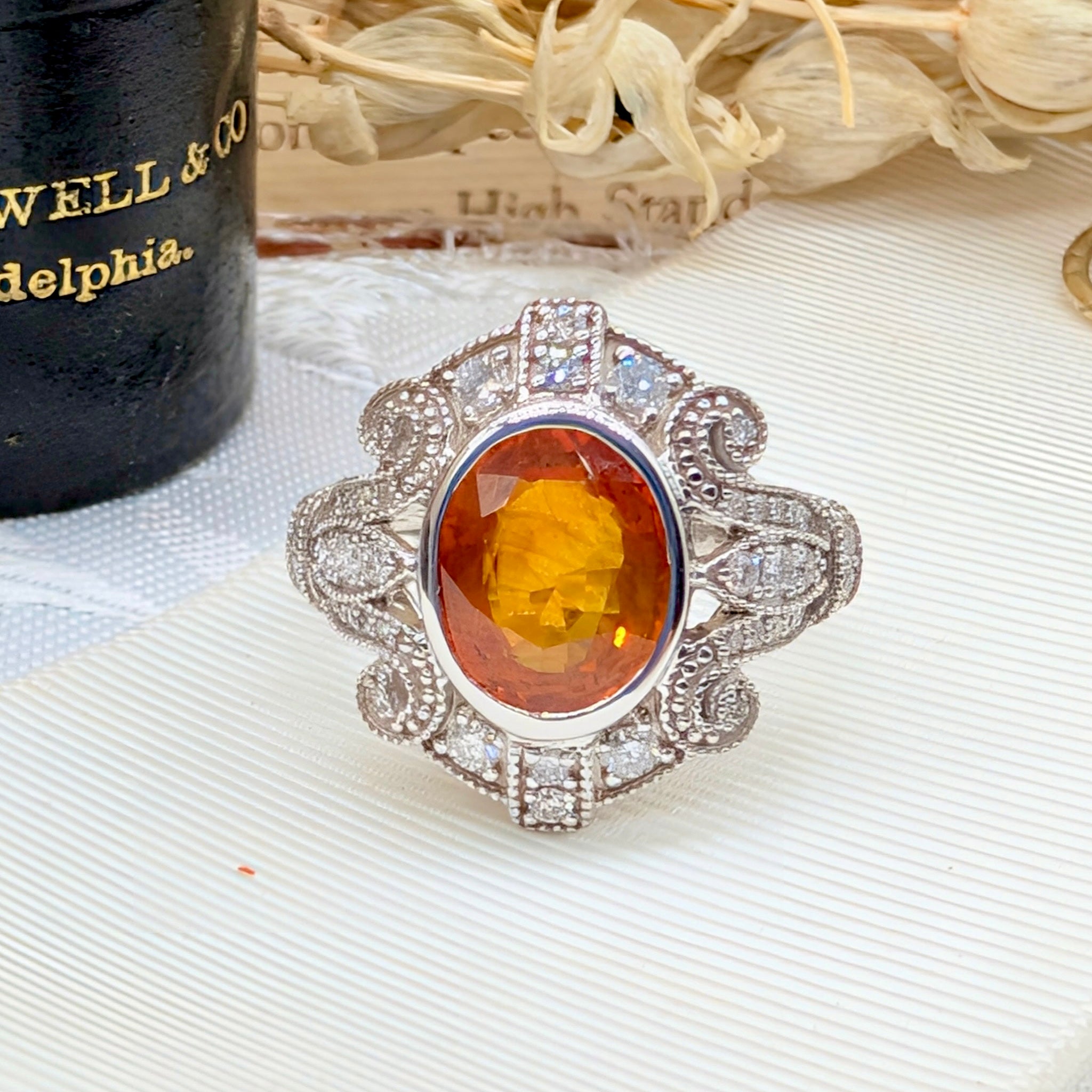 Spectacular 14ct White Gold Orange Sapphire & Diamond Art Deco-Inspired Ring With Independent Gemmological Valuation for $15,000 AUD