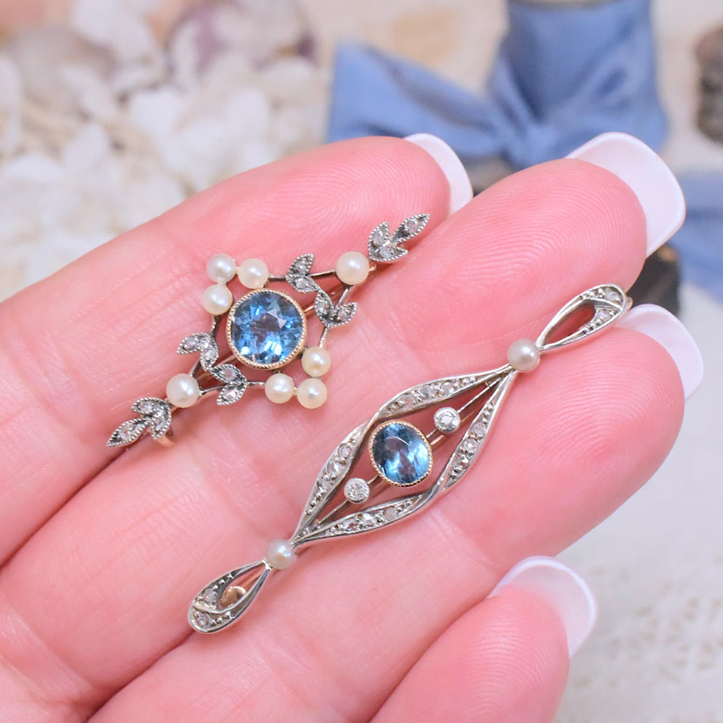 Antique Edwardian 15ct Yellow Gold Aquamarine Diamond Pearl Brooch Circa 1910-15