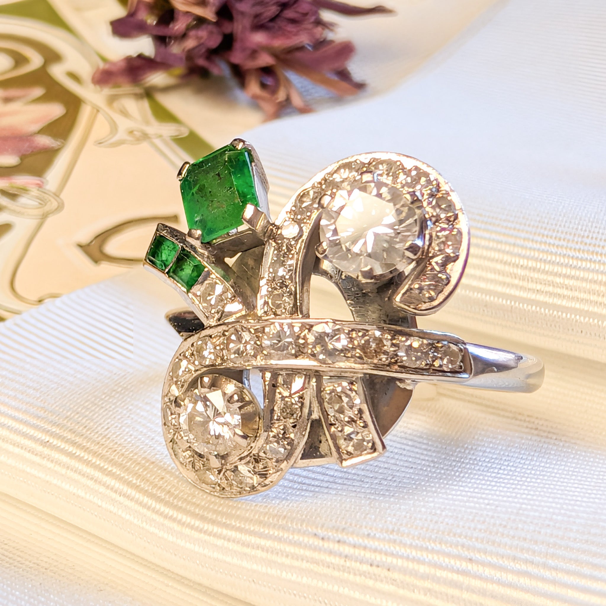 Vintage Handmade 12.5ct White Gold Emerald and Diamond Cluster Ring Complete With An Independent Gemmological Valuation for $8,300 AUD