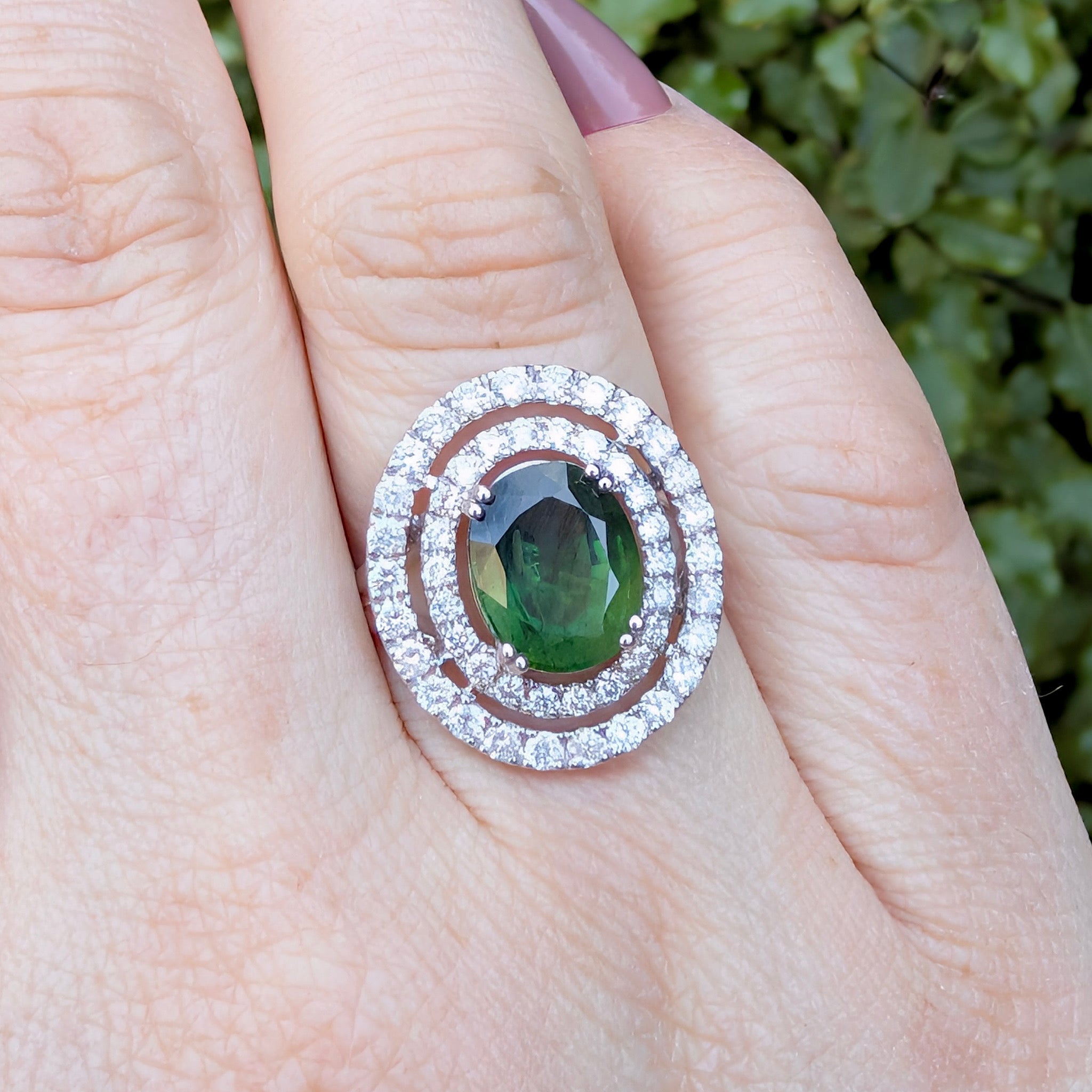 Stunning Contemporary 14ct White Gold Green Sapphire & Diamond Double Halo Ring. Independent Gemmological Valuation included $16,100 AUD