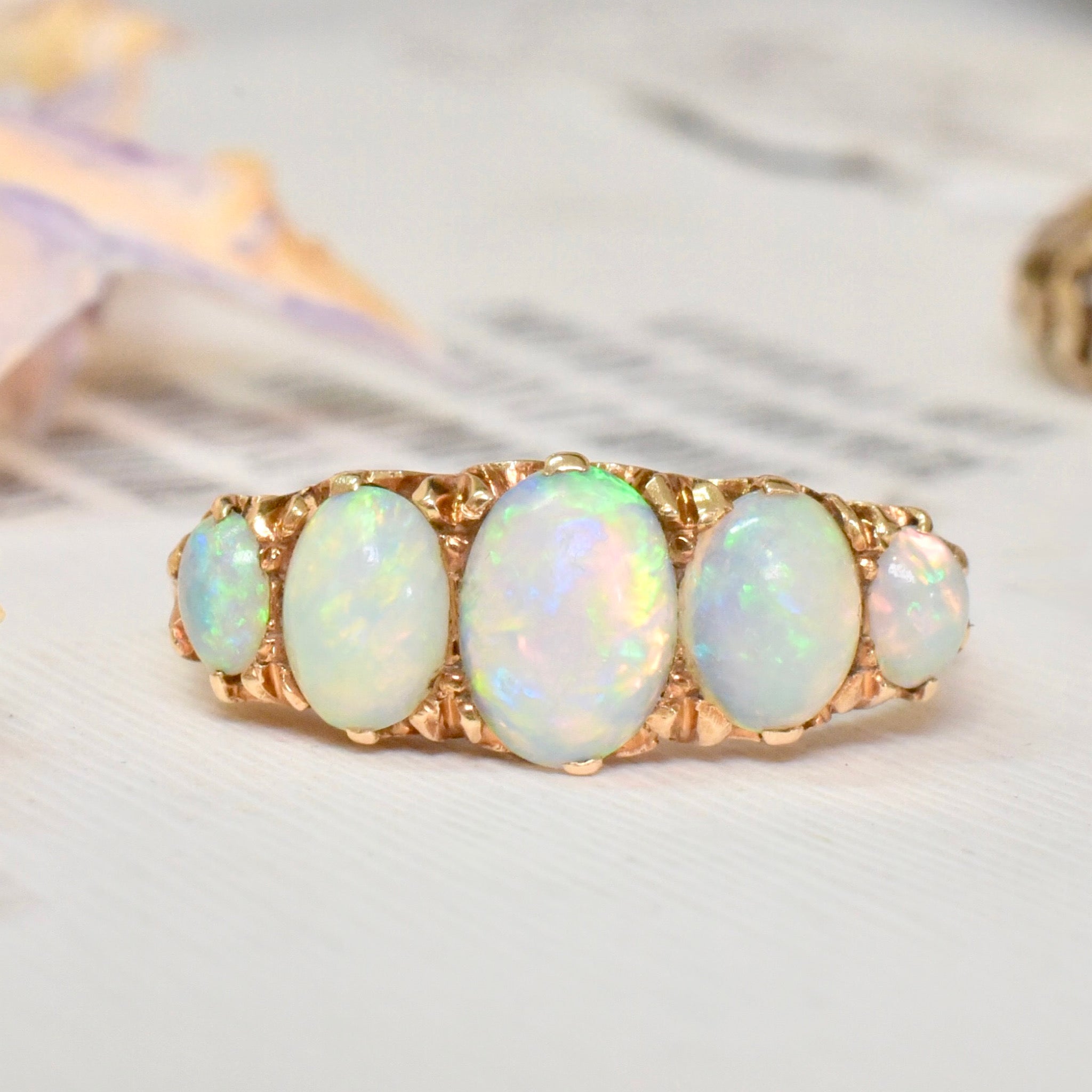 Antique Edwardian Australian 15ct Yellow Gold Solid Opal Half Hoop Ring - Circa 1900-1910