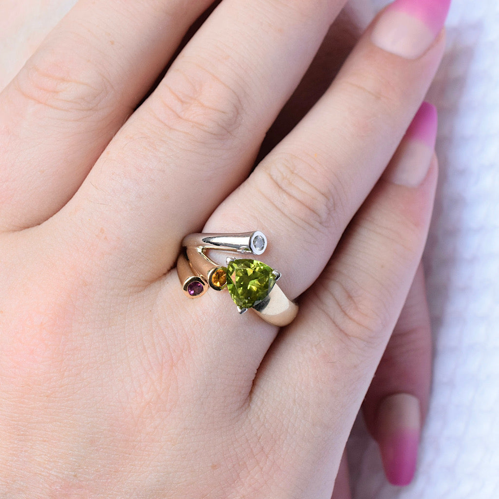 Modern 9ct Yellow Gold Peridot Garnet Citrine Diamond Dress Ring