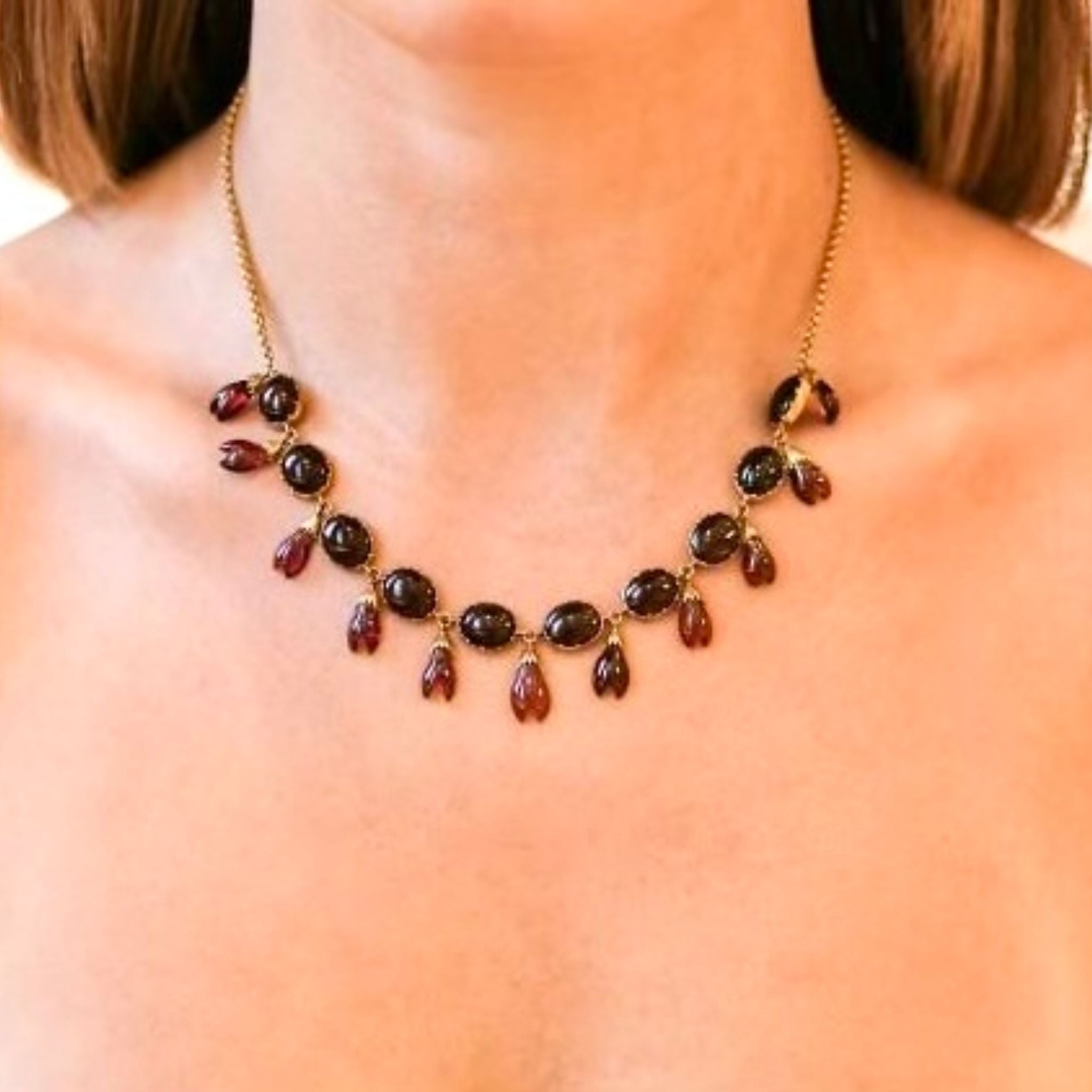 Antique 9ct Rose Gold Garnet Demi-Parure Fringe Necklace And Earrings Circa 1900-1910