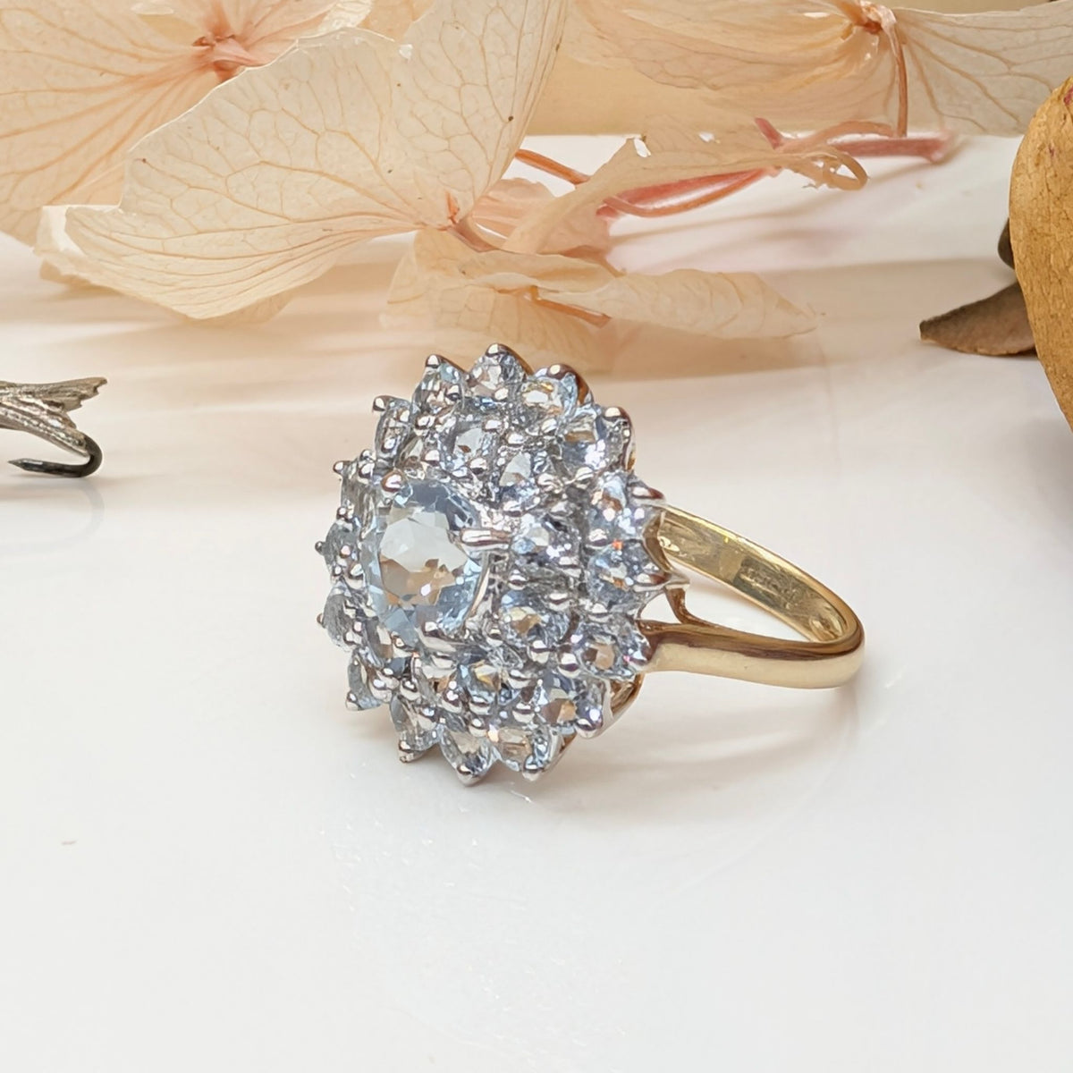 Contemporary 9ct Yellow Gold Goshenite Daisy Cluster Ring — Birmingham 2004