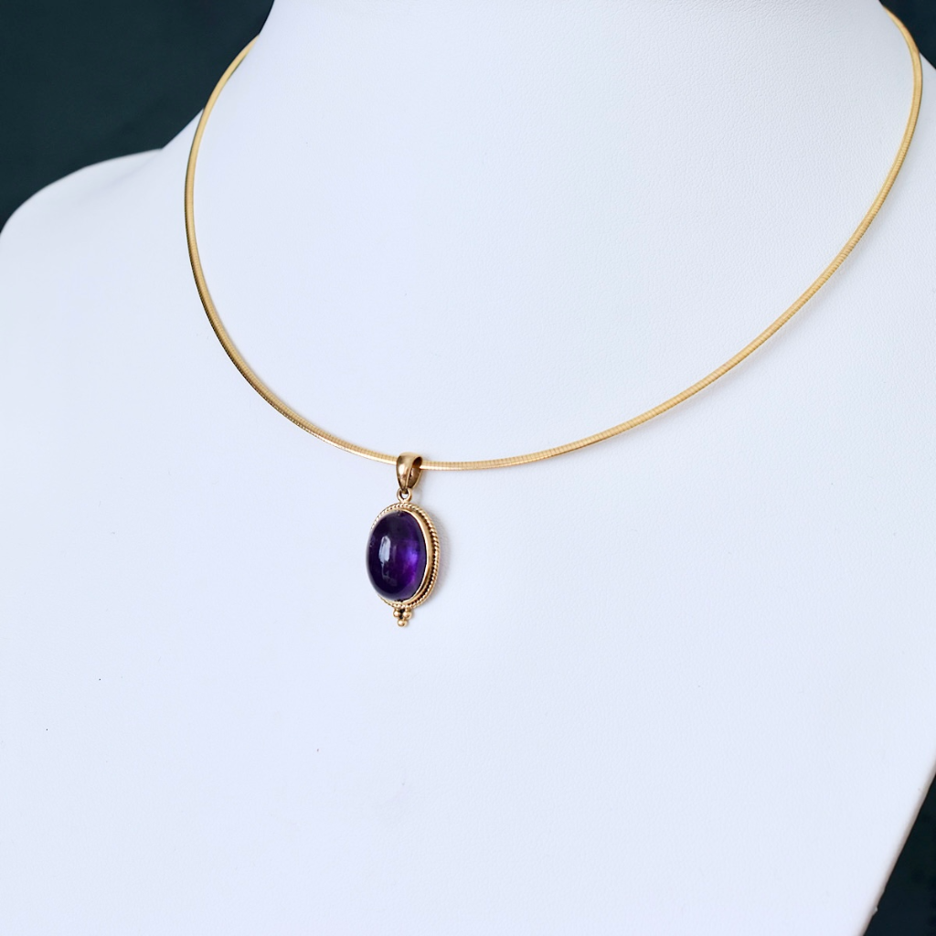Modern 9ct Yellow Gold Omega Chain And Amethyst Pendant